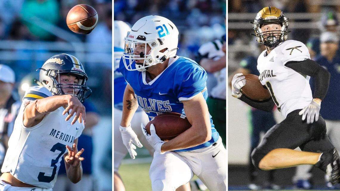 From left, Meridian quarterback Malakai Martinez, Timberline running back Taylor Marcum and Capital wide receiver Avery Downey are just a few of the Treasure Valley’s top seniors who will play in the annual East-West Shrine All-Star Game on Saturday at Middleton High.