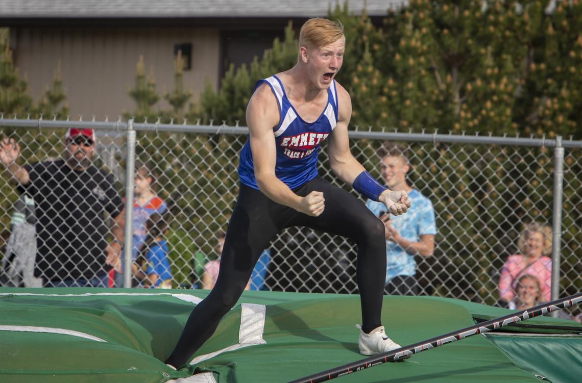 Emmett freshman Kimball Helms clears 15-foot 6 inches to set a new class record at the 4A pole vault in the Idaho state track and field championships at Eagle High School on Saturday, May 18, 2019.