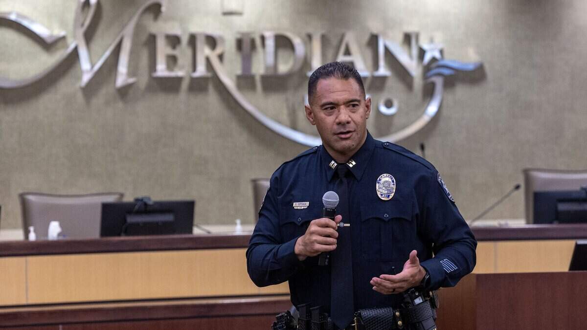 Capt. Shawn Sopoaga with the Meridian Police Department begins a community e-bike and e-motorcycle safety presentation by describing the differences and legal requirements for the relatively new modes of transportation. Members of the community were invited to Meridian City Hall for the event, Wednesday, July 15, 2026.
