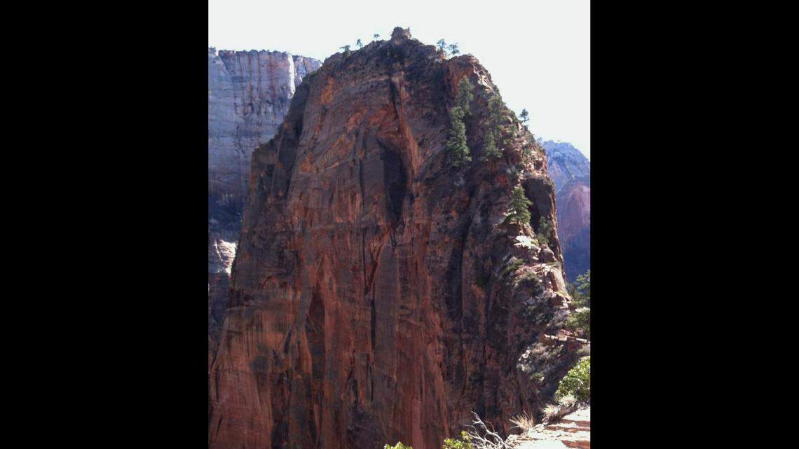 A 43-year-old man was found dead Friday after plunging from the 1,488-foot-high Angels Landing, shown here in 2014, in Zion National Park in Utah, rangers say.