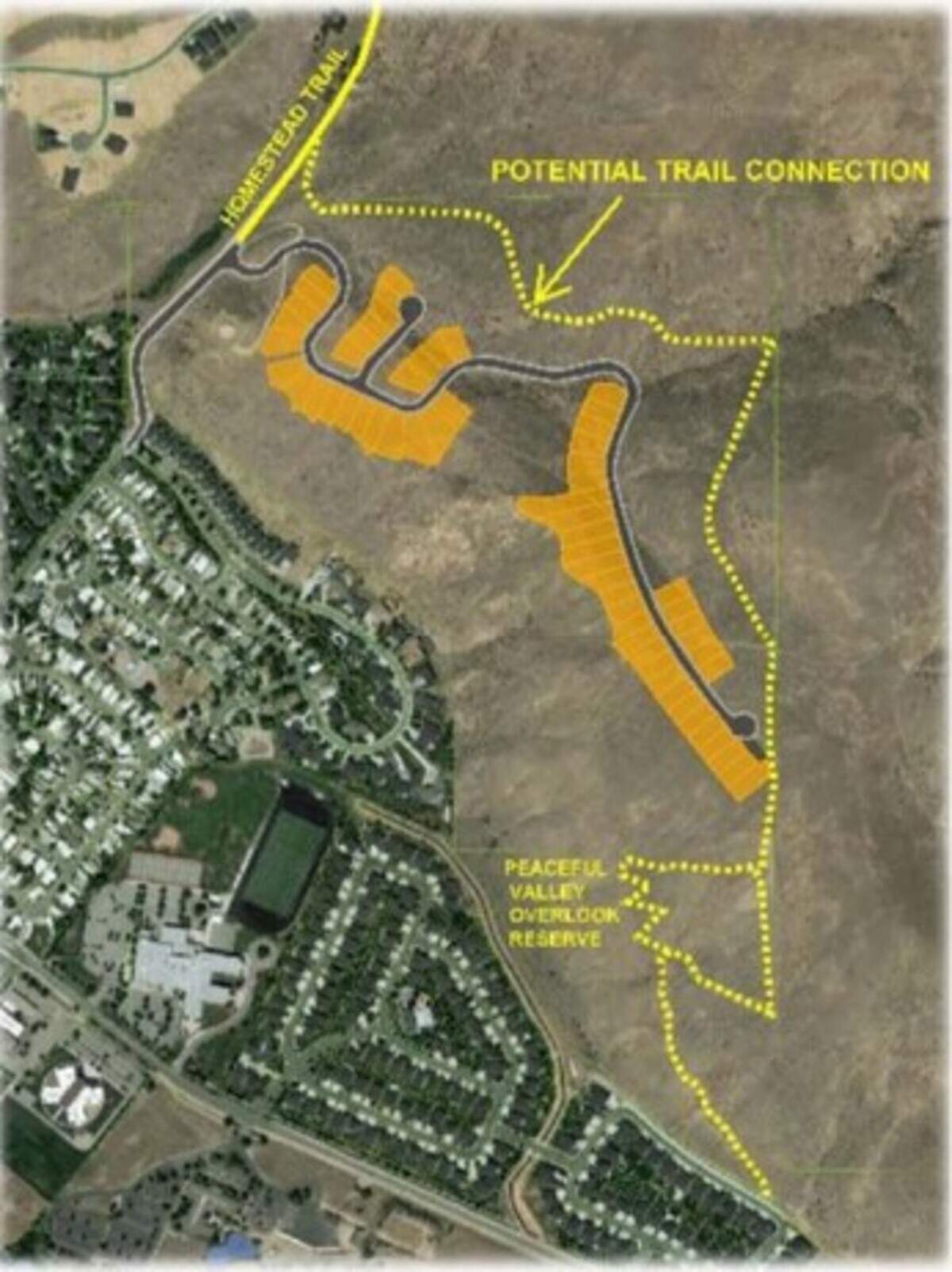 Harris Ranch East would include a new trail connecting a reserve to the south with another reserve to the north.