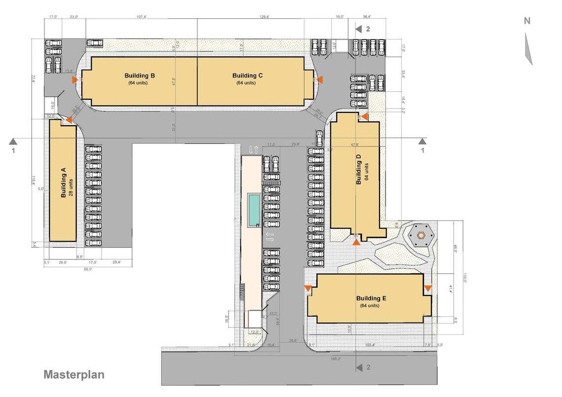This potential site plan shows how the five buildings would be laid out.