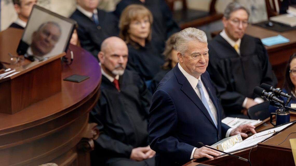 Gov. Brad Little gives the State of the State address at the Idaho Capitol, Jan. 12, 2026