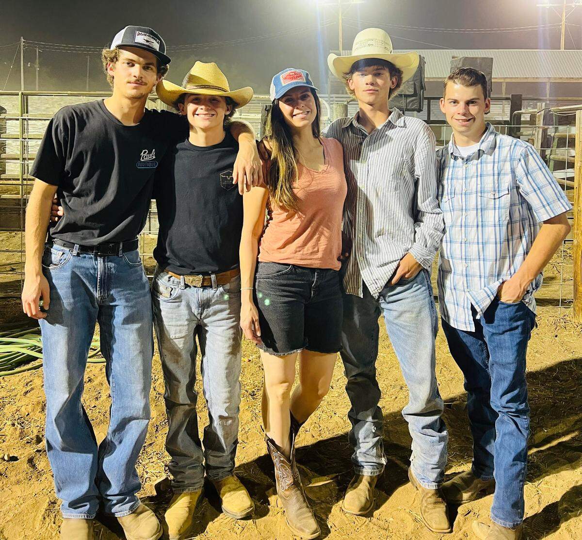Rachel Allen, middle, and four of her sons attend a rodeo in July. From left, the sons are Samson, Jacks, Gannon and McGwuire. In late June, Samson was arrested on suspicion of obstructing an officer’s investigation of a motorcycle accident involving another Allen son, Parks, not pictured.