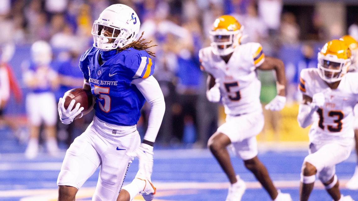 Boise State wide receiver Stefan Cobbs breaks away from the UTEP defense for one of his two first-half touchdowns in the Broncos’ home opener Friday night at Albertsons Stadium.