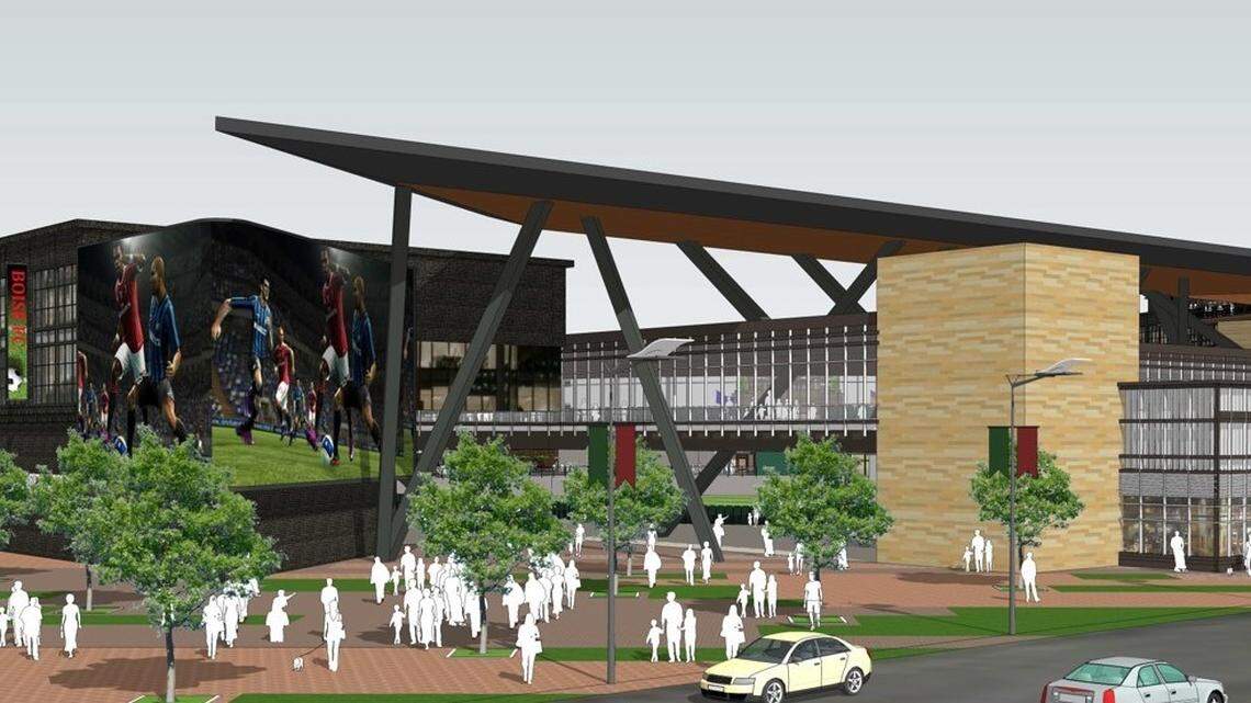 An artist’s rendering of the main entry plaza for the Boise Sports Park, proposed by Agon Sports & Entertainment and its sister development company, Greenstone Properties of Atlanta, Georgia, in partnership with Meridian’s BVA Development, on the Ada County-owned Expo Idaho (fairgrounds) site on Glenwood Street beween Chinden Boulevard and the Boise River.
