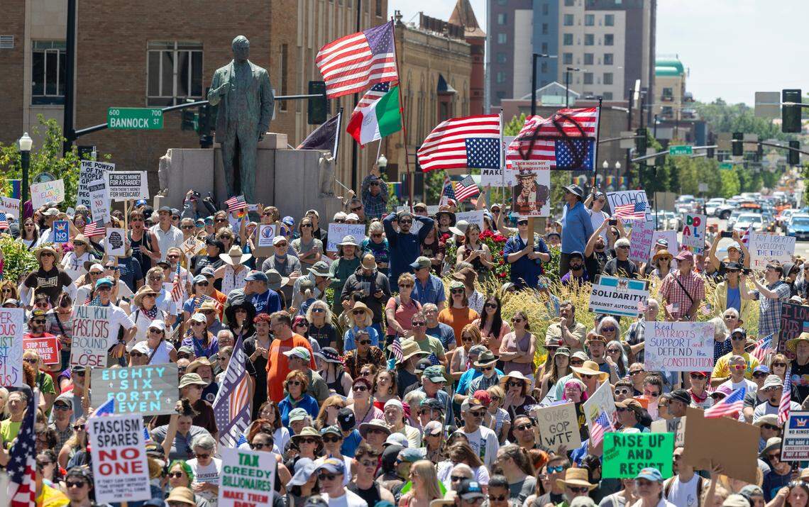 Thousands of protesters gathered outside of the Idaho Capitol Building in Boise Saturday, June 14, 2025 as part of the national “No Kings” protests against President Donald Trump and his administration.