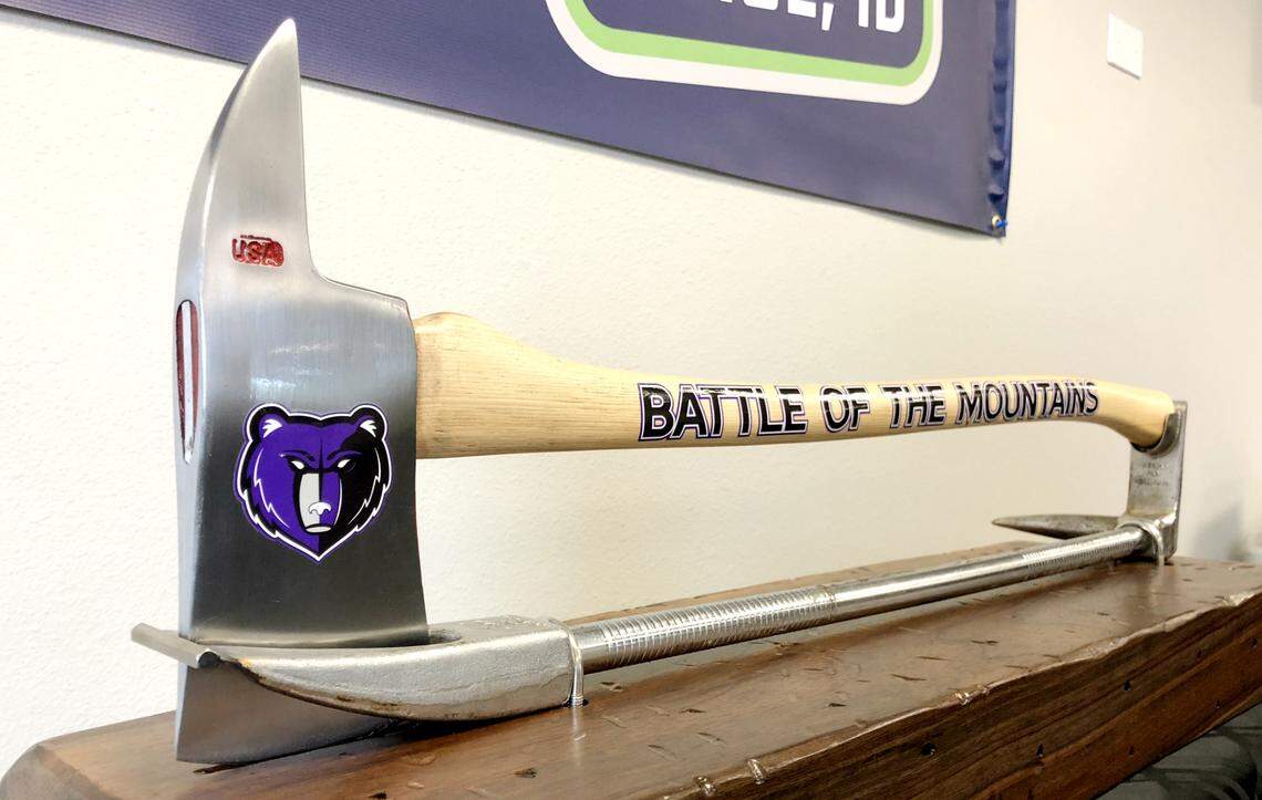 The trophy that will be awarded Friday to the winner of the Battle of the Mountains rivalry game between Mountain View and Rocky Mountain.