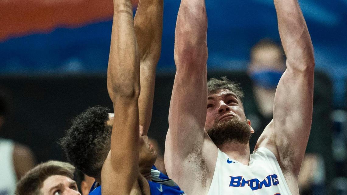 Mladen Armus, right, averaged 8.1 points and 7.8 rebounds per game last season for the Boise State men’s basketball team, which opens the season at home Tuesday against Utah Valley.