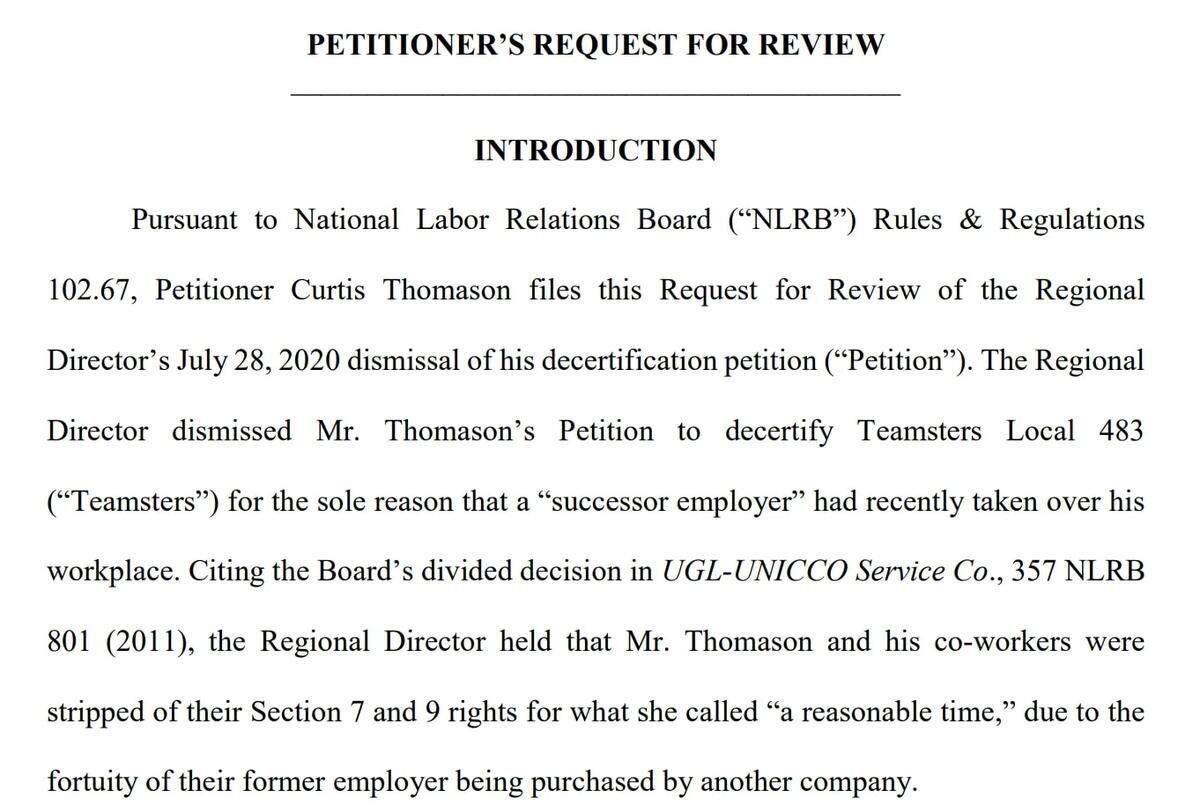 A screenshot from the appeal filed by Curtis Thomason, a delivery driver for Shamrock Foods in Meridian, claims he and his fellow workers have been improperly prevented from voting to decertify the Teamsters Union from representing them.