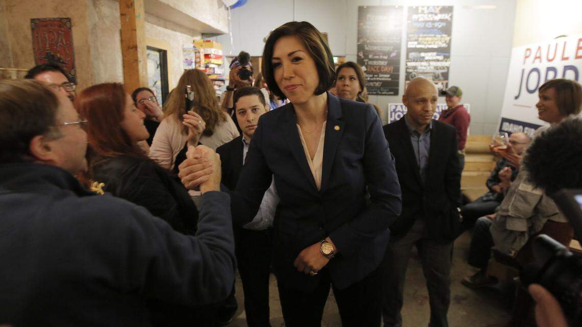 Democratic candidate for governor Paulette Jordan greets supporters gathered at The Handle Bar in Downtown Boise on the night of the May 2018 primary.