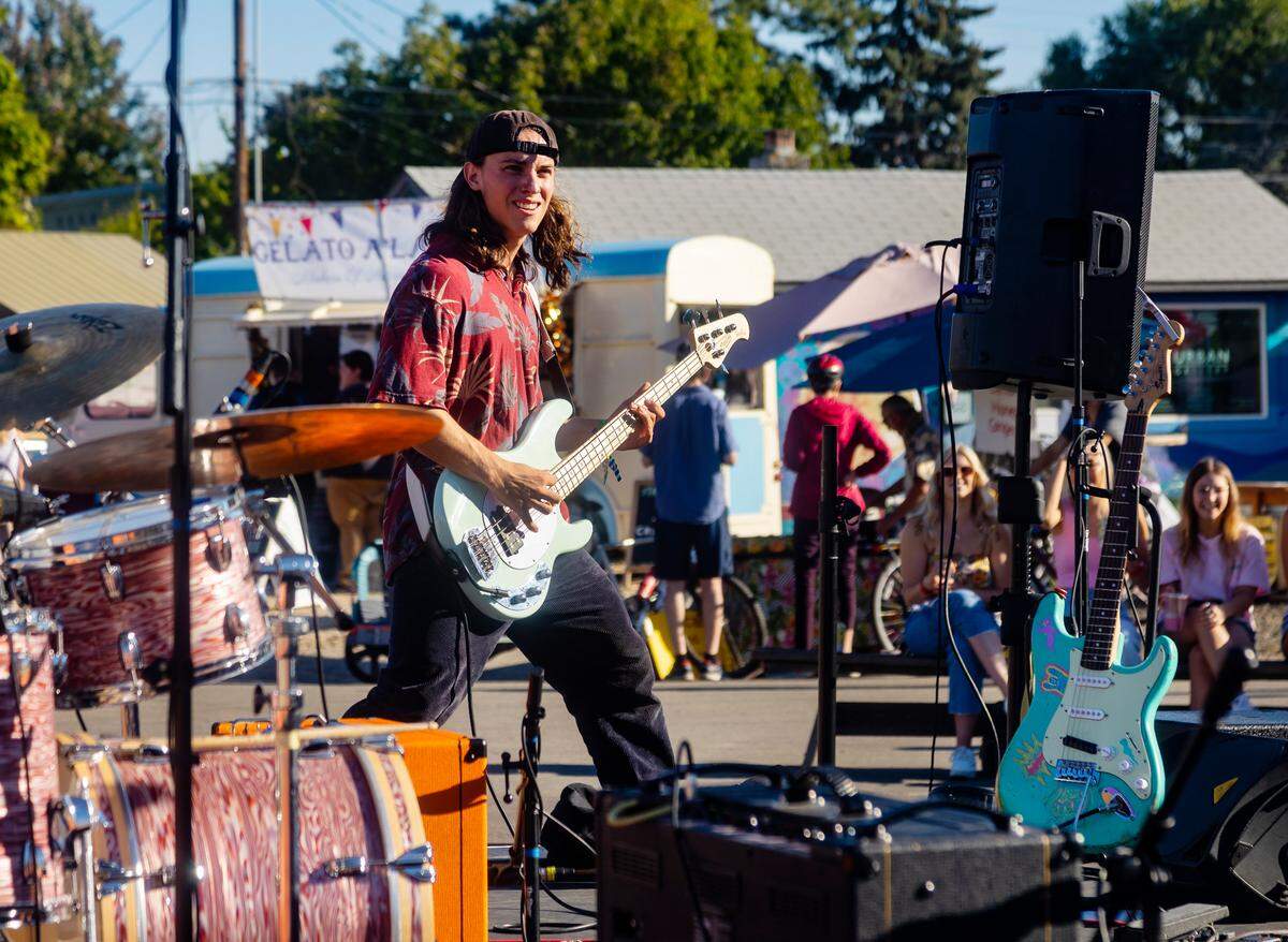Leading Lines perform on a stage outside of Push & Pour at Flipside Fest in the Live-Work-Create District of Garden City on Sept. 23, 2022. The new festival, featuring live music from local and international bands, was created by the producers of the annual Treefort Music Fest.