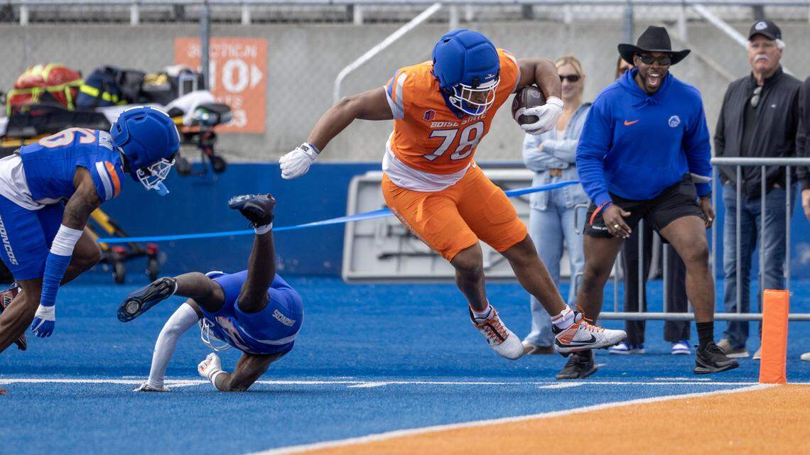 Boise State offensive lineman Tyler Ethridge scores a big-man touchdown during the Broncos' annual spring game for fans at Albertsons Stadium in Boise on Saturday, April 25, 2026.