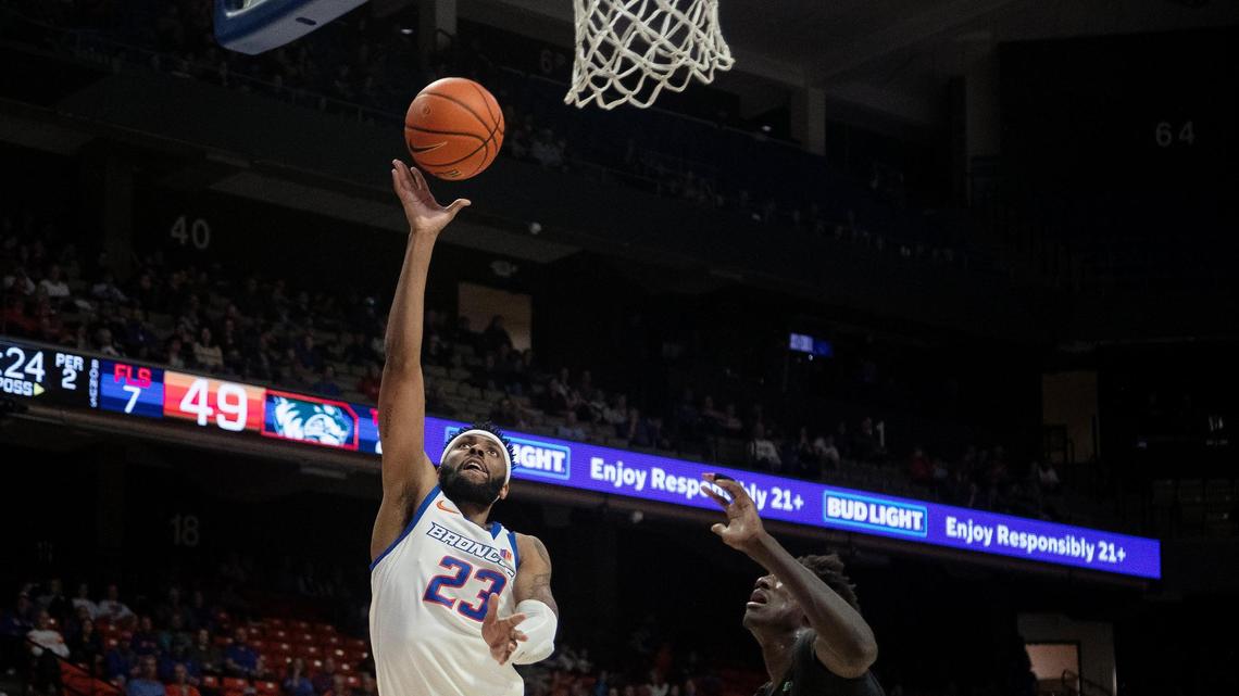 Boise State’s Naje Smith scores in the second half of their game against Utah Valley at ExtraMile Arena on Saturday, Nov. 26, 2022.