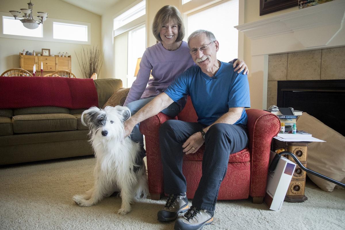 Dick and Brenda Ross had just adopted their young pup, Dolly, when Dick was injured over the summer. Dick was returning from a hiking trip in the Sawtooth Mountains to take care of Dolly when he was struck in the legs by two boulders.