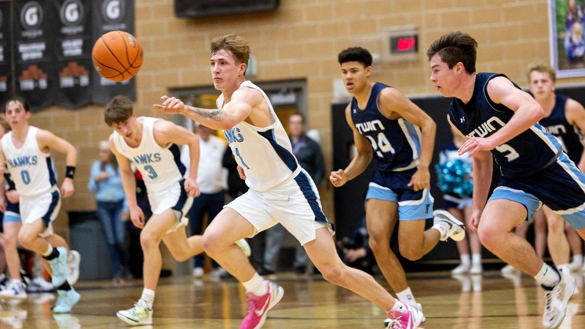 Skyview senior Eloy Chaparro (1) was voted to 4A SIC all-conference first team by the league’s coaches. brings the ball back to the Hawks’ basket in the fourth quarter of their game against Twin Falls in quarterfinals of the 4A boys basketball state tournament, Thursday, March 2m 2023 at Rocky Mountain High School.