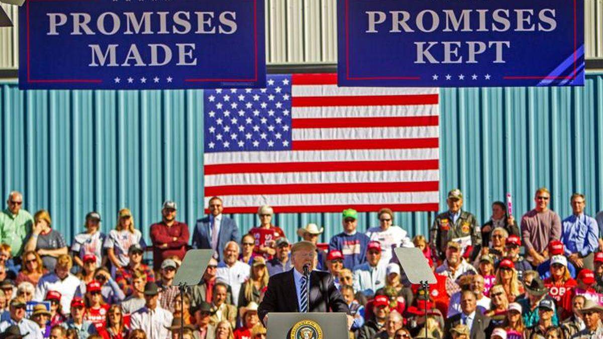 President Donald J. Trump addresses the crowd Saturday during his Make America Great Again Rally at Mountain West Aviation in Elko, Nev.