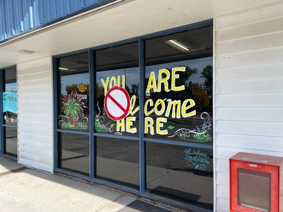 A sticker was placed on a window at Interfaith Sanctuary’s State Street location in Boise. The Planning and Zoning Commission has deferred a decision until Jan. 3, 2022.