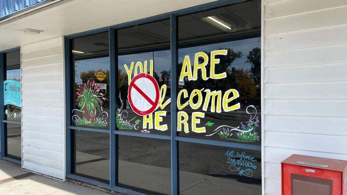 A sticker was placed on a window at Interfaith Sanctuary’s State Street location in Boise. The vandalism displays an unwelcoming message at the site of a proposed shelter.