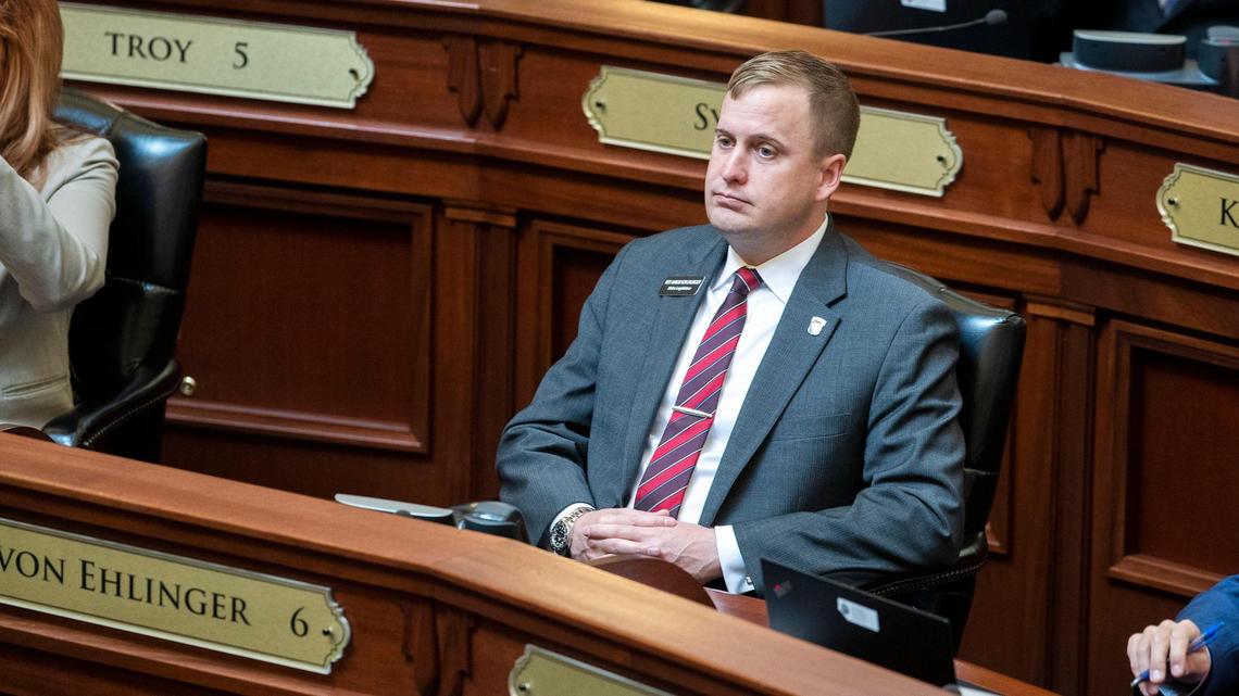 Rep. Aaron von Ehlinger, R-Lewiston, attends opening business as the Idaho House of Representatives convenes April 21 at the Statehouse.