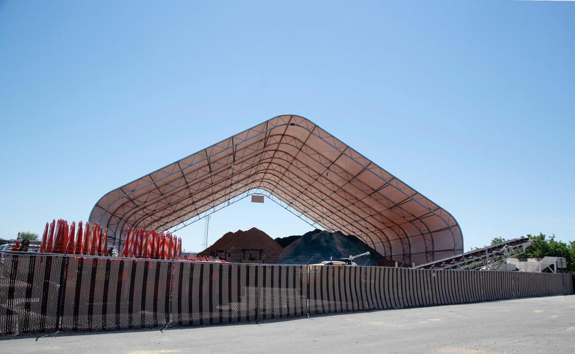 The canopy, which ACHD calls a shed, towers over piles of sand and salt in the Boise River floodplain across Adams Street from the highway district’s headquarters in Garden City.