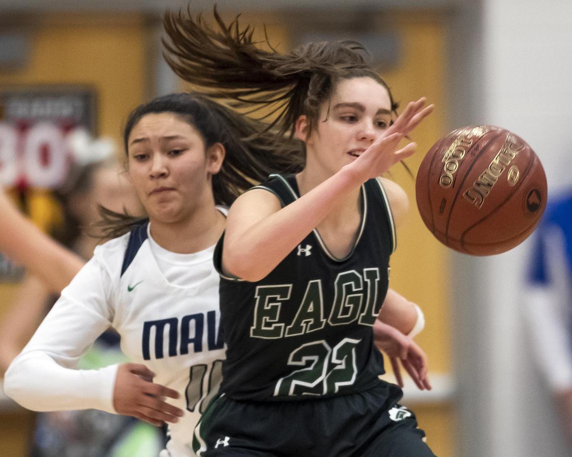 Mountain View junior Laila Saenz pressures Eagle’s Betsey King during the 5A District Three girl’s basketball championship Friday, Feb. 8, 2019 at Timberline High School in Boise.