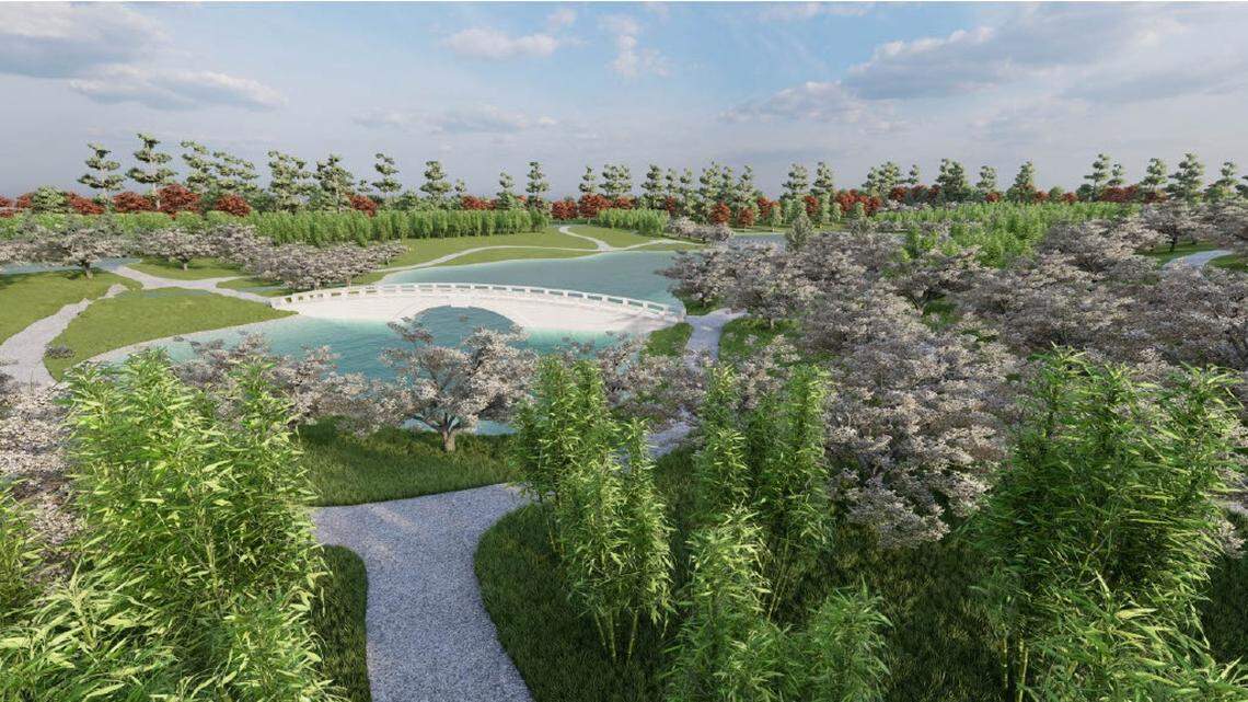 This rendering shows a possible Japanese botanical garden with ponds on the property.