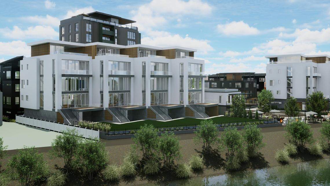 Casino Beach abuts the Boise River Greenbelt, and this west-facing architect’s rendering shows how it has been designed to look. The Boise River is at bottom right.