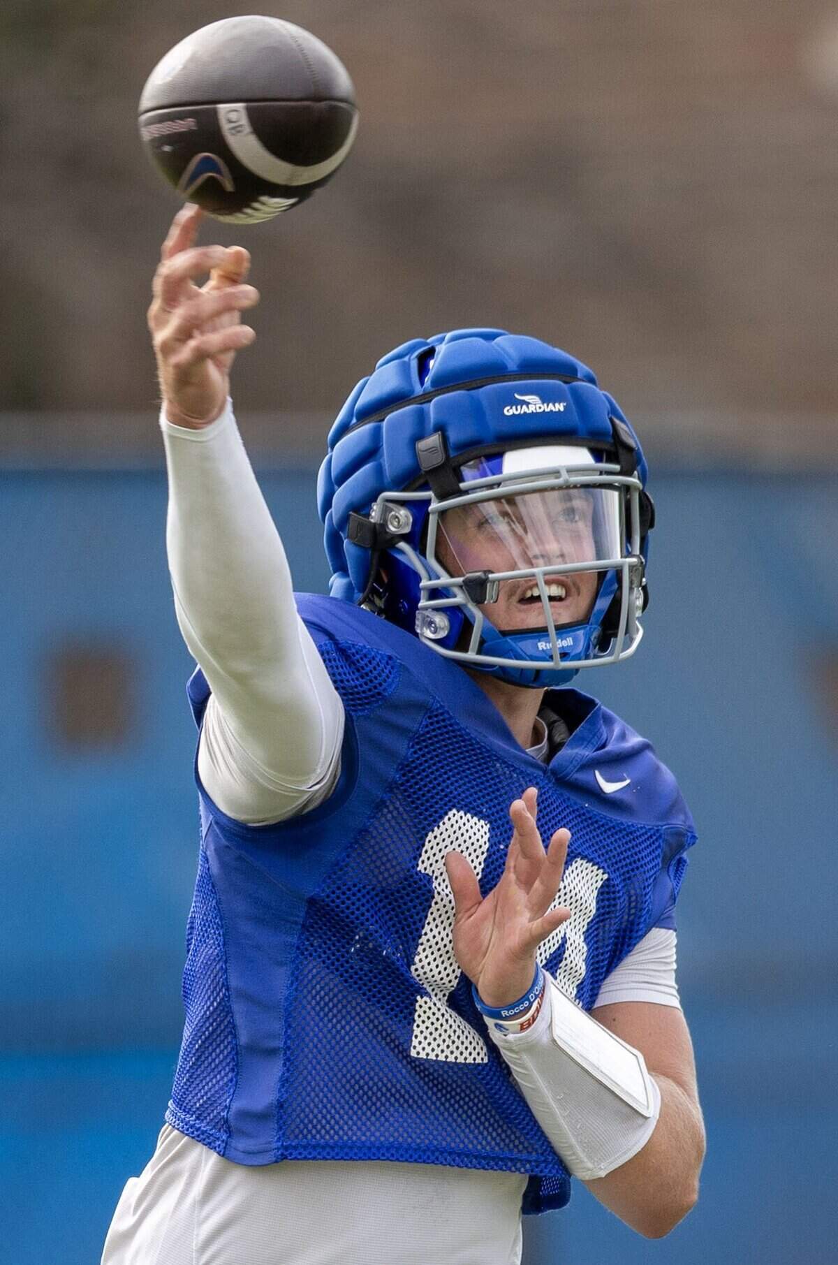 Boise State quarterback Max Cutforth passes during drills at the Broncos' fall camp in Boise, Saturday, Aug. 9, 2025.