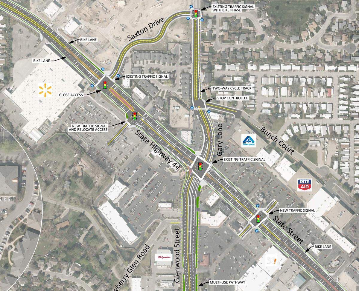 Left turns off State Street at Glenwood Street would be prohibited under a plan under consideration by the Idaho Transportation Department and the Ada County Highway District. Traffic into Walmart that now enters at the traffic signal closest to the store would be rerouted to a new entrance at a second traffic light to be installed just east of there.