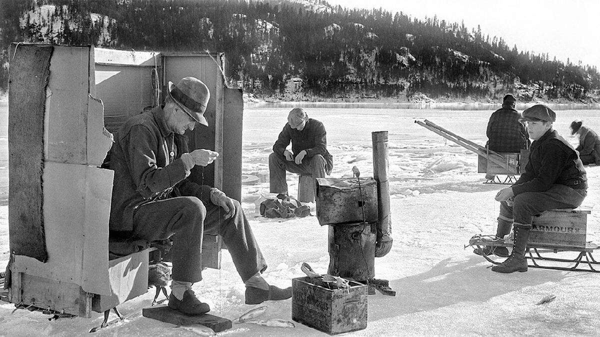 Ice fishing for kokanee in the 1950s on Lake Pend Oreille.