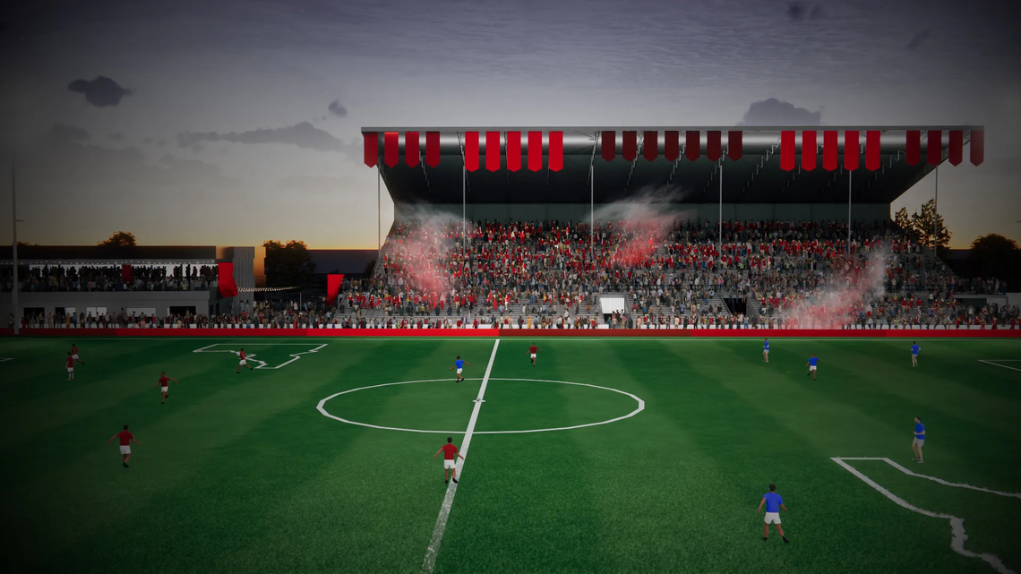 A rendering shows the approved soccer stadium at Expo Idaho. The stadium would expand upon the existing grandstands from the former Les Boise horse-racing track.
