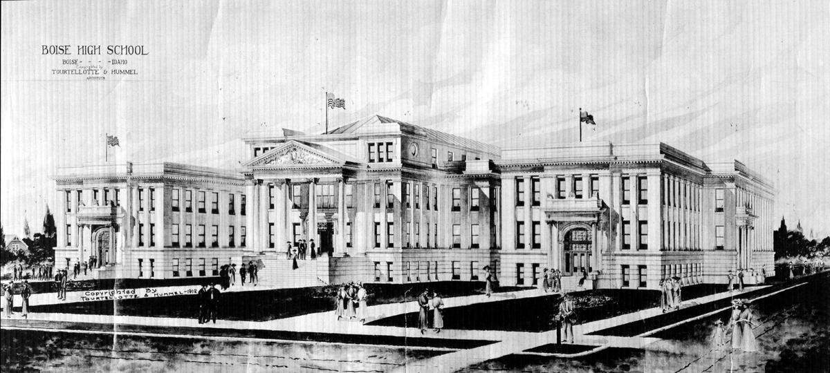 This rendering of the Boise High School complex, designed by famed Boise architecture firm Tourtellotte and Hummel, shows the building all in white. A renovation project this summer is stripping the white paint from the school’s iconic facade.