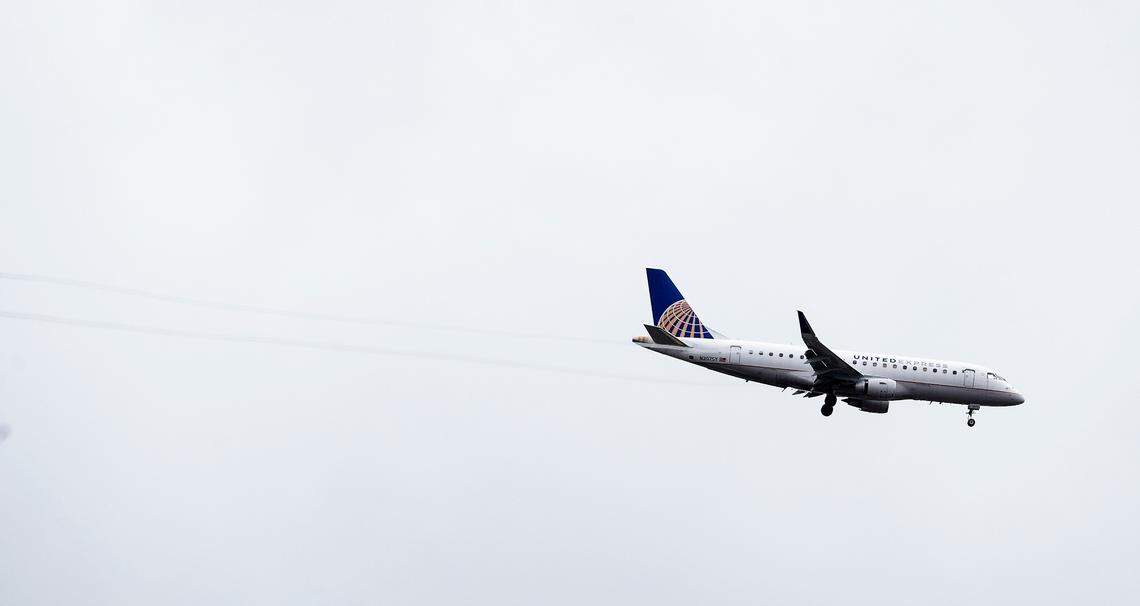 A United Airlines plane descends to the Boise Airport, on May 30, 2022.