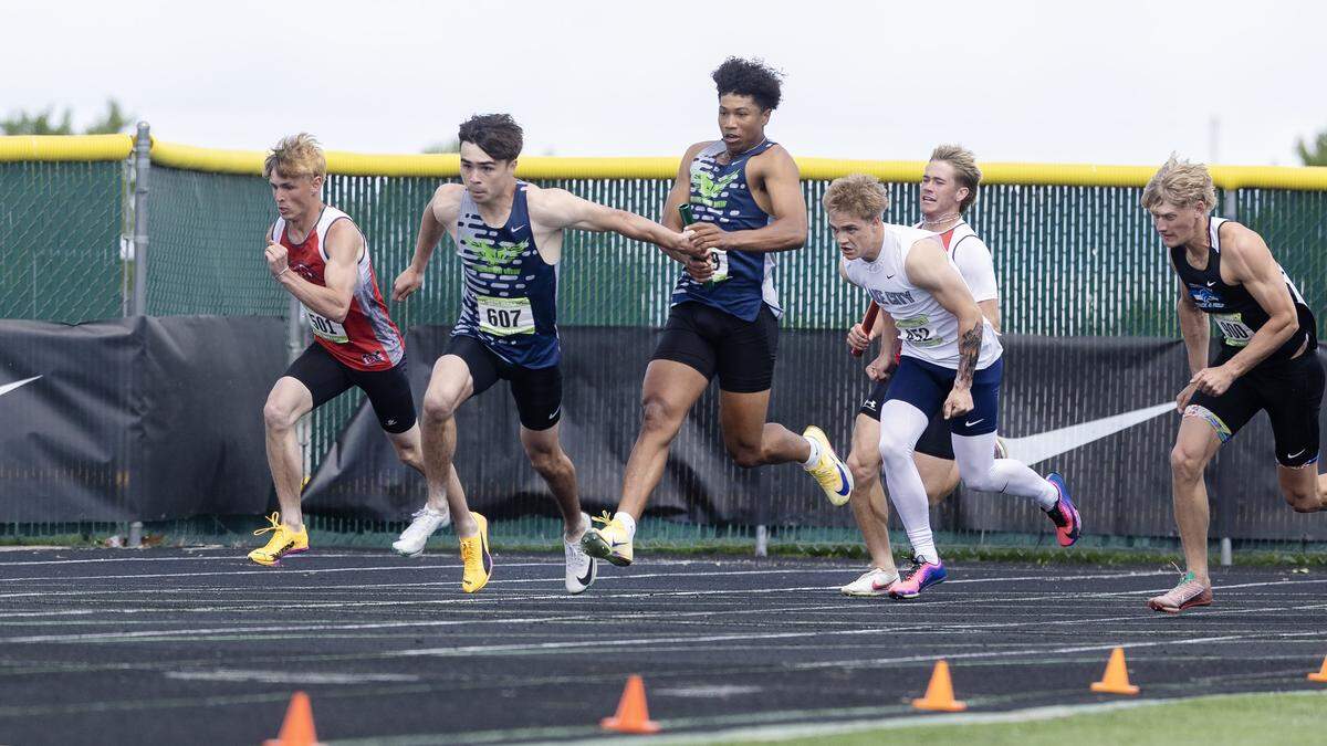 Mountain View's relay team completes an exchange leading them to first place in 6A boys 4x100 relay at the IHSAA 6A/5A Track and Field Championships, Saturday, May 16, 2026 at Mountain View High School.