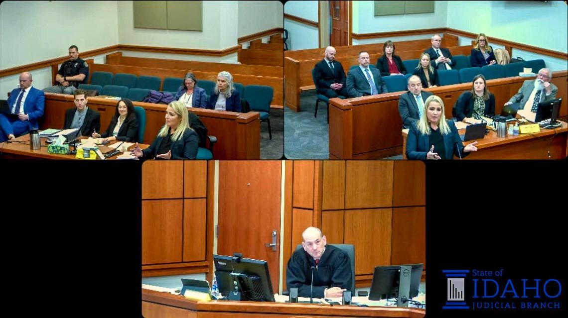 Attorney Anne Taylor, right center, for defendant Bryan Kohberger, argues to exclude DNA evidence before Judge Steven Hippler, bottom, Thursday in 4th Judicial District Court in Ada County.