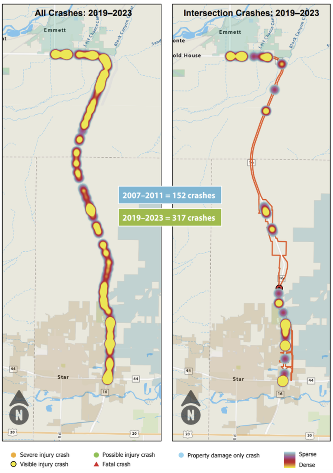 Map showing crashes on Idaho 16 between Idaho 44 and Idaho 52.