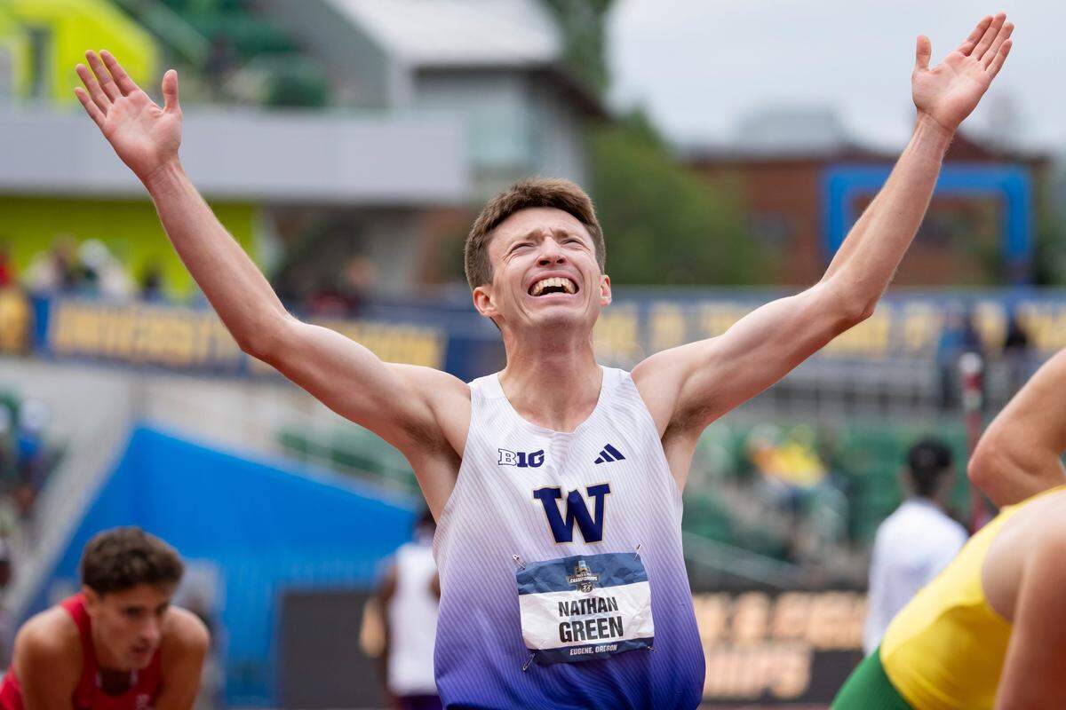 Washington's Nathan Green celebrates his win in the men's 1,500 meters on day three of the NCAA Outdoor Track and Field Championships on June 13, 2025, at Hayward Field in Eugene.
