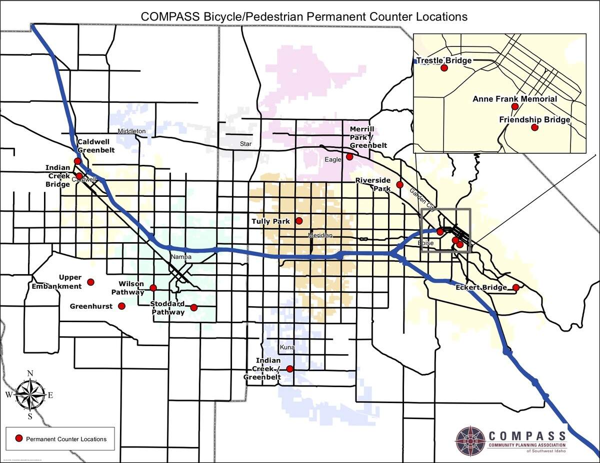 This map from COMPASS shows the locations of traffic counters along the Greenbelt and other pathways in the Treasure Valley.