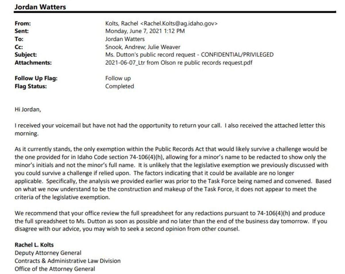 In a June 7 email sent to Lt. Gov. Janice McGeachin’s chief of staff, a deputy attorney general recommended that McGeachin’s office release public records “as soon as possible,” more than a month before McGeachin was sued by the Idaho Press Club.