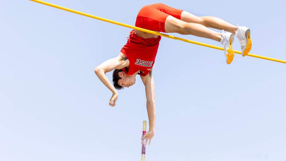 Seth Nelson of Boise High School clears 16 feet, 8 inches in 5A boys pole vault at the state track and field championships Friday at Mountain View High. He won the event and set an overall state meet record.