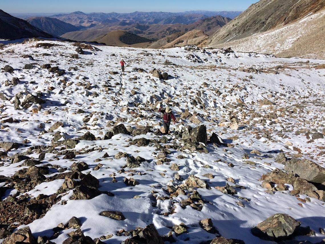 Passing through the rock field just below the Hyndman Peak summit ridge in September 2015.