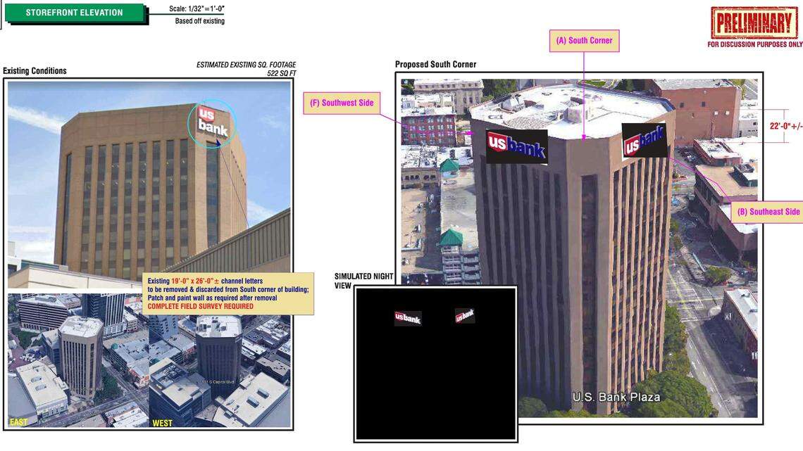 Aim Sign Co.’s application for new U.S. Bank signs atop the U.S. Bank building at 101 S. Capitol Blvd. includes this page showing the existing sign that would be removed (left) and the two new signs sought for the top of the building’s southeast and southwest sides (right), plus a simulated nighttime view.