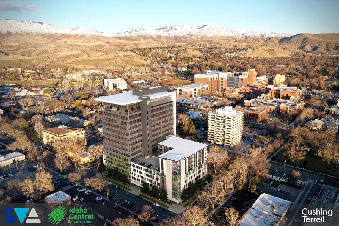 An architect’s rendering shows both the north and the south tower of the proposed 16-story Ball Ventures Ahlquist and Idaho Central Credit Union building downtown. The south tower, at nine stories, would include 39 apartments, as well as parking spots below.