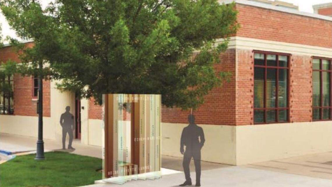 This display at 6th and Broad streets in downtown Boise is one of two that will offer historic information on the area. The brick building is the former Concordia University School of Law.