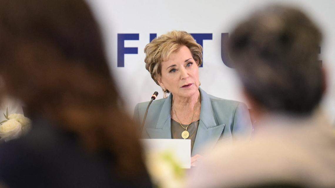 US Secretary of Education Linda McMahon speaks during the Fostering the Future Together Global Coalition Summit hosted by US First Lady Melania Trump at the State Department in Washington, DC, on March 24, 2026. (Photo by Oliver Contreras / AFP via Getty Images)