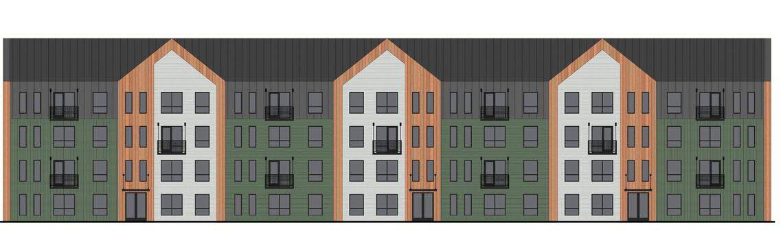 This building elevation shows a preliminary version of what the front of Matlock Village could look like.