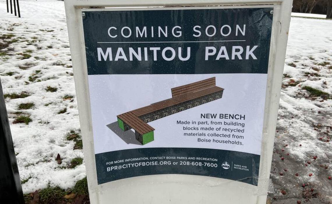 The bench in Manitou Park, in the South Boise Village neighborhood, will be completed in February. The Parks and Recreation Department plans to use plastic blocks made by ByFusion in other public installations around Boise this spring.