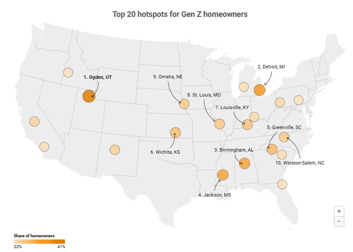 RentCafe.com map of the Top 20 metropolitan hotspots of Gen Z homeownership.