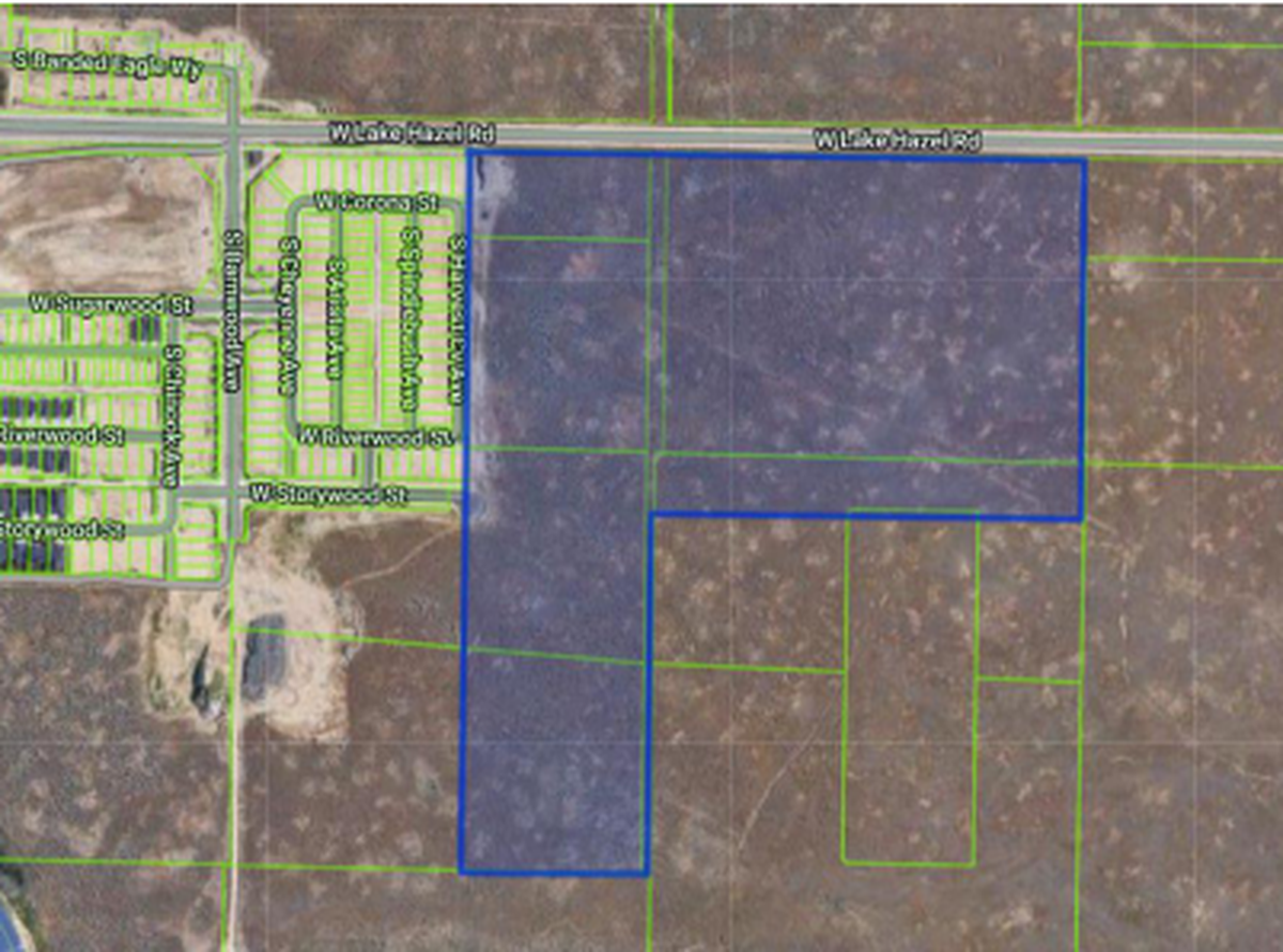 A map of Barnwood Village, highlighted in blue, which will be built in phases off of W. Lake Hazel Road in Southwest Boise.